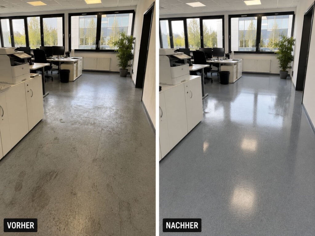 Two side-by-side office photos: left shows a dusty, scuffed gray floor and slightly cluttered desks; right shows a newly renovated, glossy blue-gray floor with cleaner surfaces and brighter appearance.