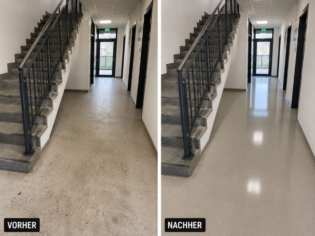 Split image of a hallway: left panel shows a dirty beige floor and staircase; right panel shows a renovated hallway with a clean, glossy light-gray floor and polished surface, door at the end.