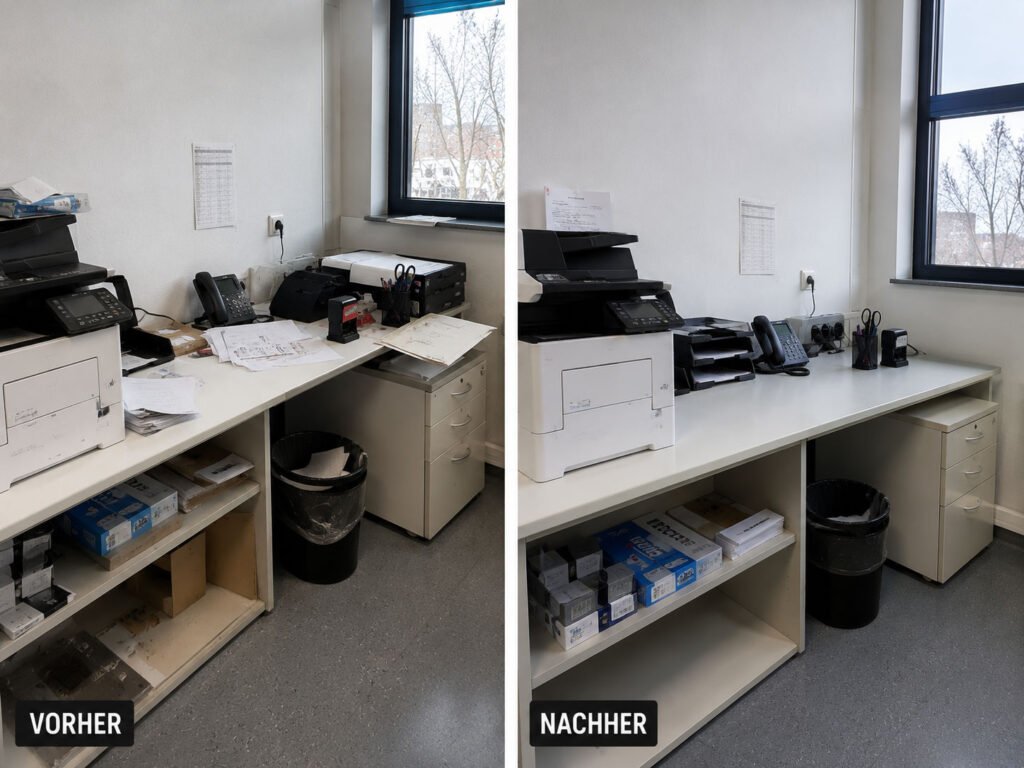 Split image showing a cluttered office desk with papers, phone, and printer on the left before cleaning, and a tidy, organized desk on the right after cleanup.