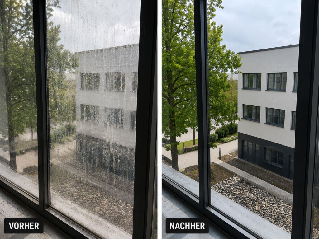 Side-by-side: left dirty, obscuring a white building; right clean, revealing trees and a modern courtyard.