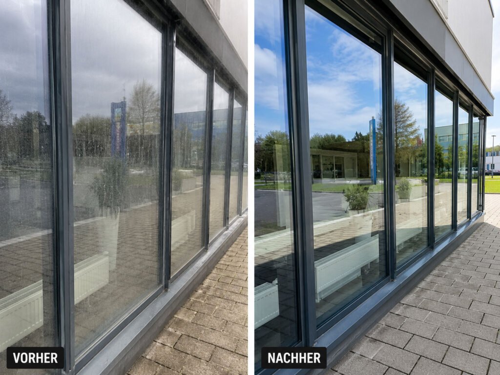 Before-and-after comparison of exterior storefront windows: left pane dirty with grime, right pane clean and highly reflective showing the surroundings and sky.