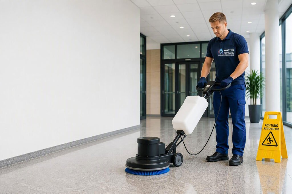 Gebaeudereinigung_walter_reinigung - WALTER REINIGUNG Maintenance worker operating a floor buffer in a bright hallway, with a yellow caution sign nearby.