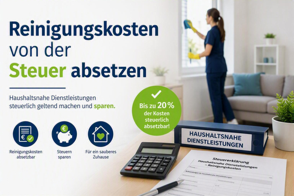 Großes Info-Poster: 'Reinigungskosten von der Steuer absetzen' mit grüner KreIschrift, eine Frau zieht Fensterputz im Hintergrund und Unterlagen liegen auf dem Tisch.