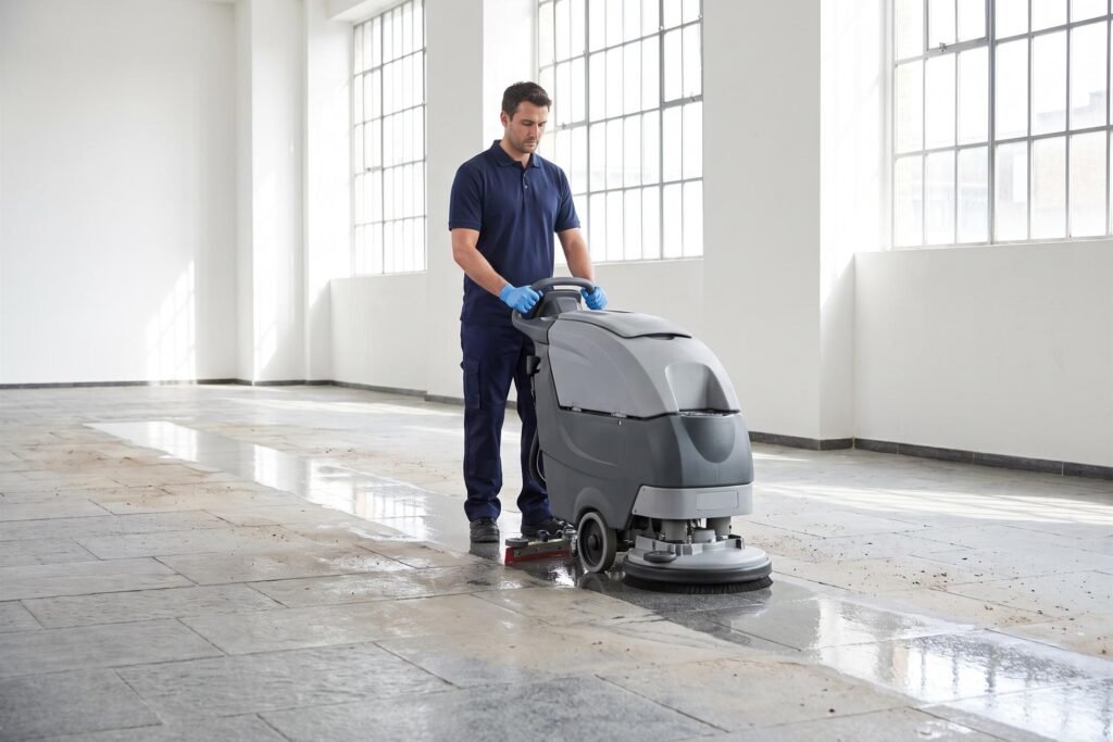 Maintenance worker wearing a navy polo and blue gloves operates a large floor scrubber in a bright, spacious room with tall windows.
